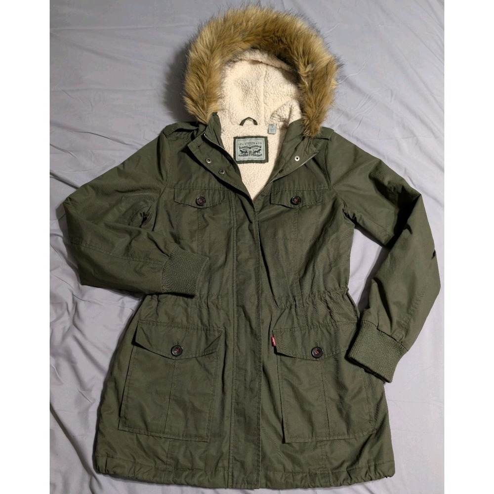 Levis Sherpa Lined Parka Womens Small Green Faux Fur Hood Military Coat